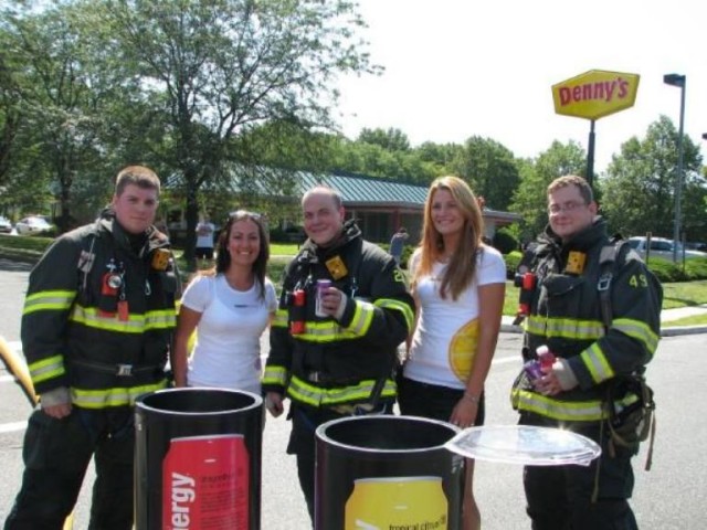 Lt. Hoydis, FF/EMT DiPrima, and FF Silveira enjoy a cool drink while assisting the Avenel FD at the DJ Auto Body Shop fire.